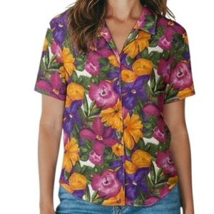 Vintage HER Floral Button-Up Shirt Hawaiian Shirt Multi-Coloured Single Stitch